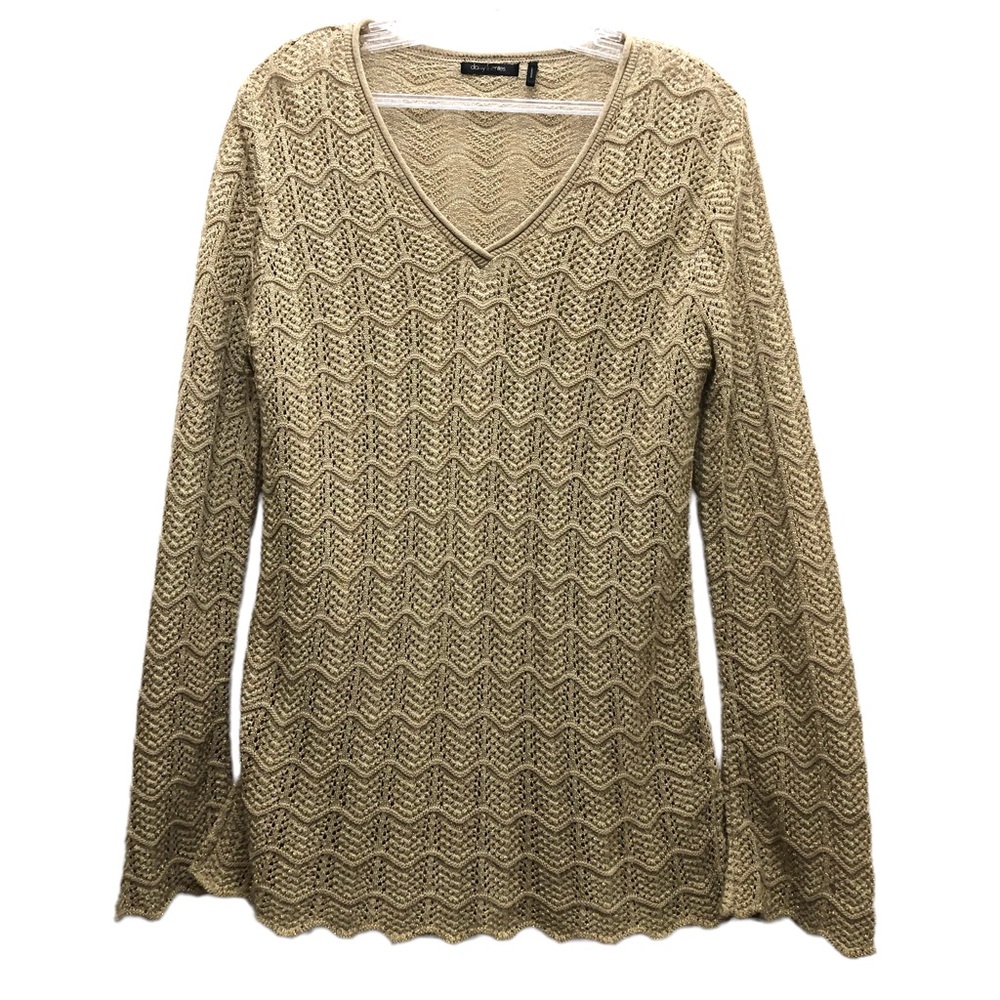 Daisy Fuentes V- Neck Chevron Scalloped Stripe Print Sweater W Size L Tan